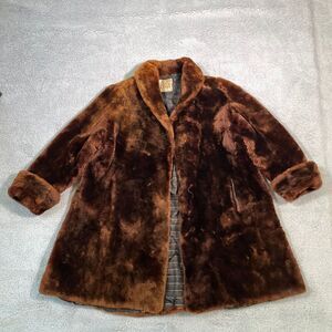 Vintage 70s Klines Faux Fur Coat Women's Brown Fluffy Cuffed Large